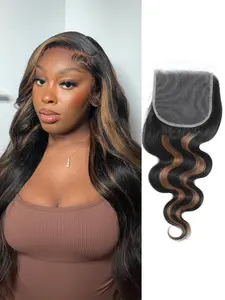 Brown and Black Highlight 2x6/4x4 Lace Closure Body Wave 12A Remy Human Hair, Pre-plucked with Baby Hair HD Transparent Lace Free-part Hairline Soft Ombre Honey Blonde Balayage Color F1B30
