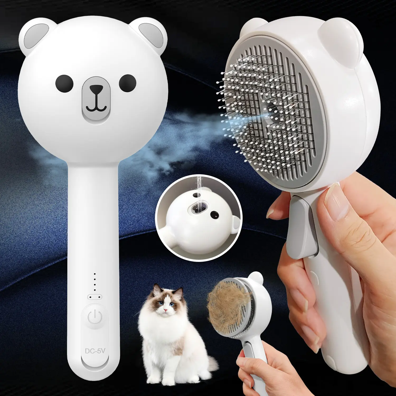 LIVEKEY Bear Shape 3-in-1 Pet Steam Brush Fur Removal Tool - Self-Cleaning, Spraying, Massaging, Waterproof Grooming Supplies with 2 Modes, Stainless Steel, Universal Fit for Dog & Cat Shedding Control, Deshedding Brush