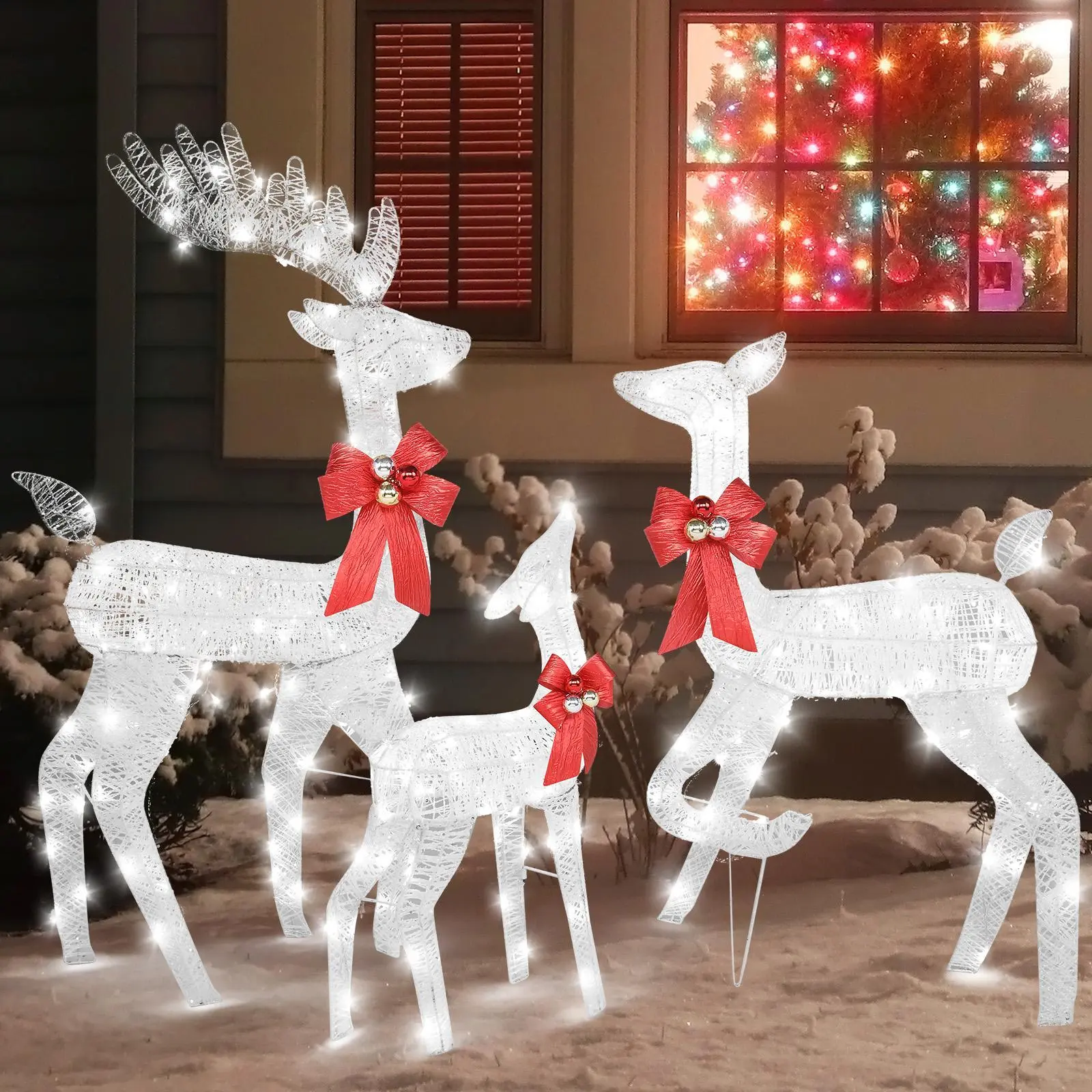 3pcs White Iron Frame Cotton Thread Deer Light Courtyard Decorations, 30.00V 3.60W, Sage Green Accent, Sizes: 54x20x122cm/23.62x7.87x47.24", 13.39x4.72x23.62", with 12 Ground Spikes, for Family Use