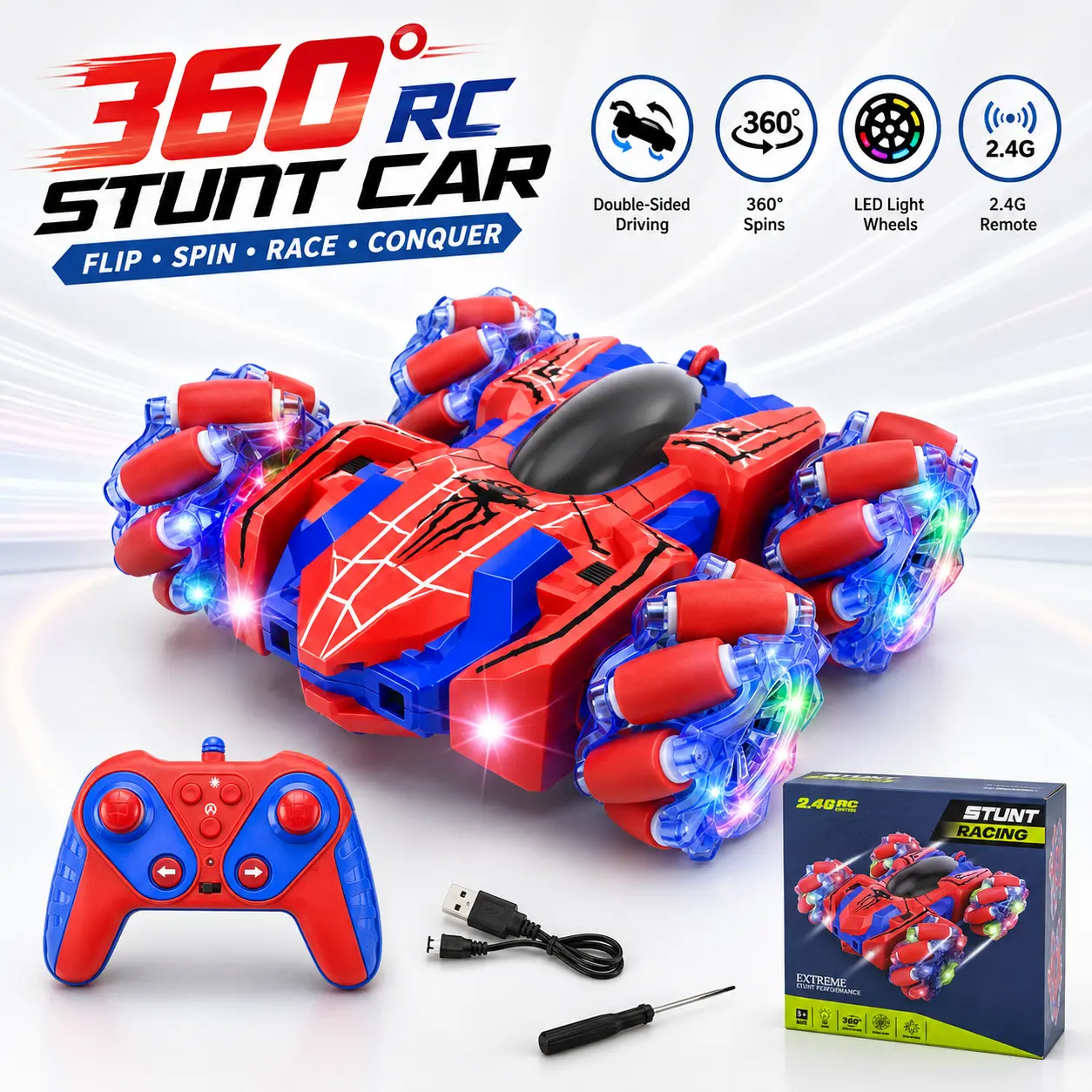 Kids' 6+ RC Stunt Car, 2.4GHz 4WD Remote Controlled Car with Rechargeable Battery, LED Headlights, 360° Rotation, Double-Sided Driving & RC Racing Capabilities, 360° Rotating