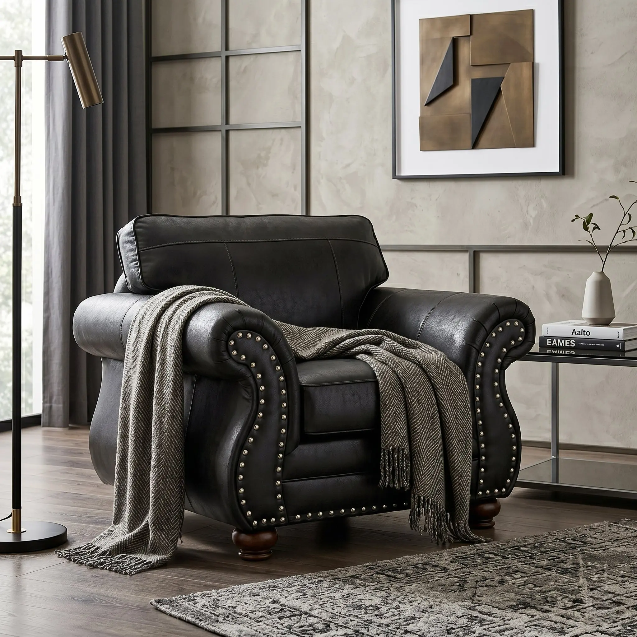 Roundhill Furniture Leinster Faux Leather Upholstered Nailhead Chair, Black