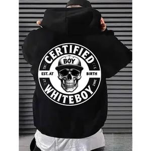 at Birth Whiteboy Skull Print Black Men's Fashion Hoodie, Trendy Streetwear Style Casual Daily Wear Thin Large Size Sweatshirt with Graphic Design Comfortable Fit Top Quality Clothing