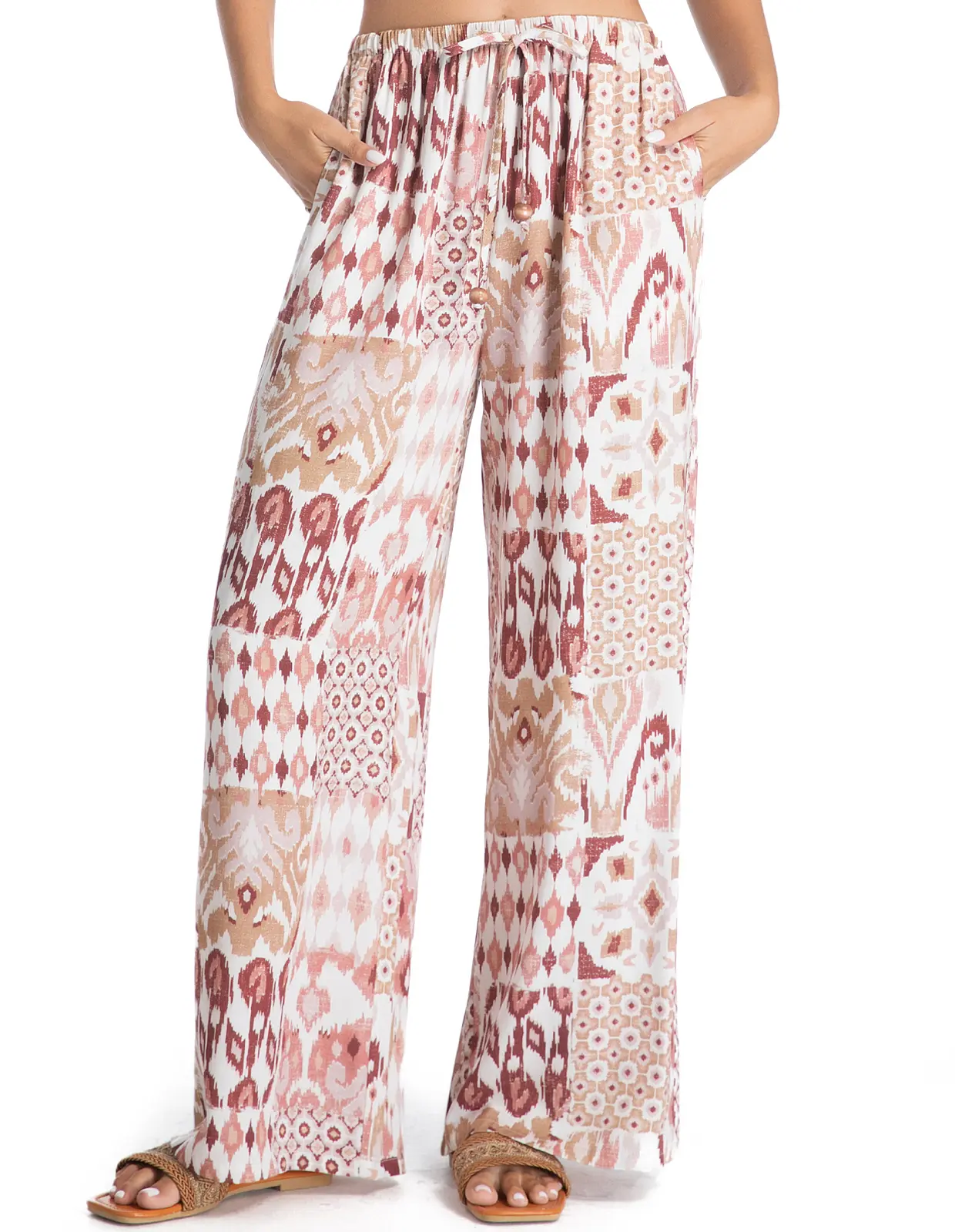 Rivome Women's Chic Casual Boho Palazzo Pants - Wide Leg Trousers in Floral Rayon Lyocell Flax Blend Fabric, Elastic Drawstring Waist, Pockets (Pair with Tank Tops, Blouses), Bottoms, Tunics, Mid Waist, Rayon Blend, Wide-Leg Pants, Baggy Cut