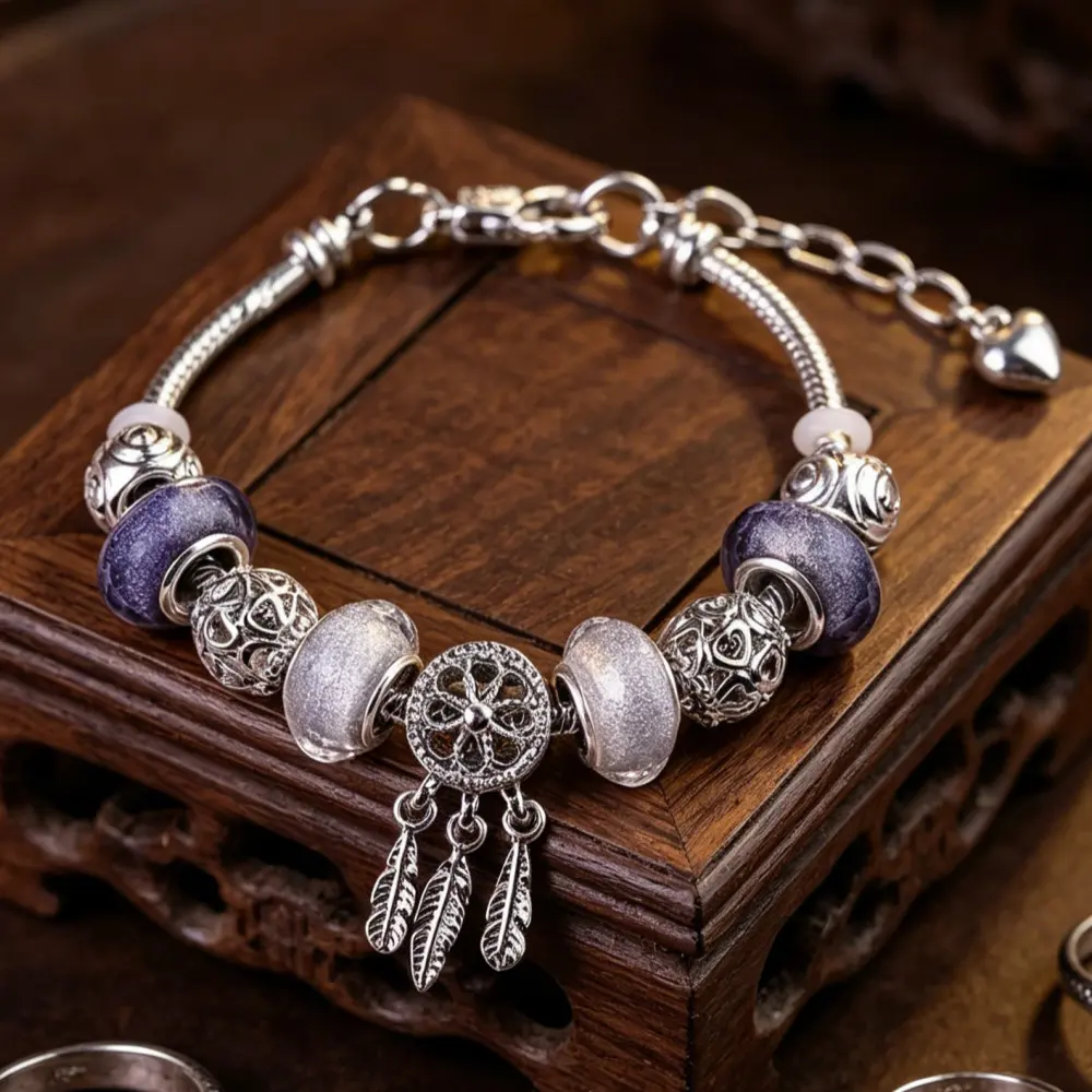 Women DIY Removable Charm Snake Chain Bracelet, Vintage Dreamcatcher Feather Pendant Beaded Bangle, Sparkly Crystal Beads Fashion Jewelry Gift for Daily Party