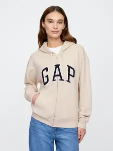 Women Relaxed Gap Logo Zip Hoodie - Tan Chino
