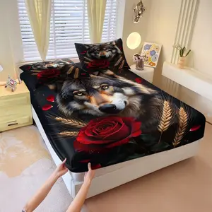 3Pcs Wolf and Floral Fitted Sheet Set, Stunning Digital Illustration of a Wolf's Head with Striking Yellow Eyes, Romantic Red Rose and Wheat Stalks Design, Soft and Durable Bedding for Unique Bedroom Decor. Includes 2 Pillowcases, No Pillow Core