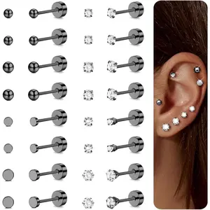 Florideco 16 Pairs Tiny Cartilage Stud Earrings for Women & Men, Surgical Steel Flat Back Studs, Hypoallergenic Cubic Zirconia & Tiny Ball Earrings (2mm & 3mm), Perfect for Tragus, Helix & Daith Piercings