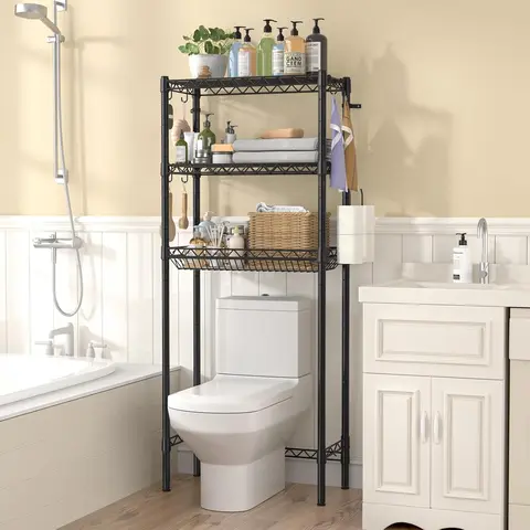 4-Tier Espresso Tone Over-Toilet Standing Shelf Unit - Metal Frame Rectangular Organizer, Customizable to Fit Your Bathroom, Small-Bath Ready, Quick-Access Storage Organization Solution for Decor Above the Toilet