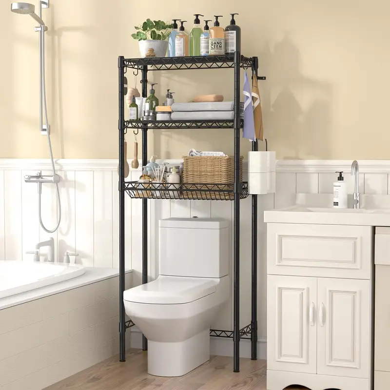 4-Tier Espresso Tone Over-Toilet Standing Shelf Unit - Metal Frame Rectangular Organizer, Customizable to Fit Your Bathroom, Small-Bath Ready, Quick-Access Storage Organization Solution for Decor Above the Toilet