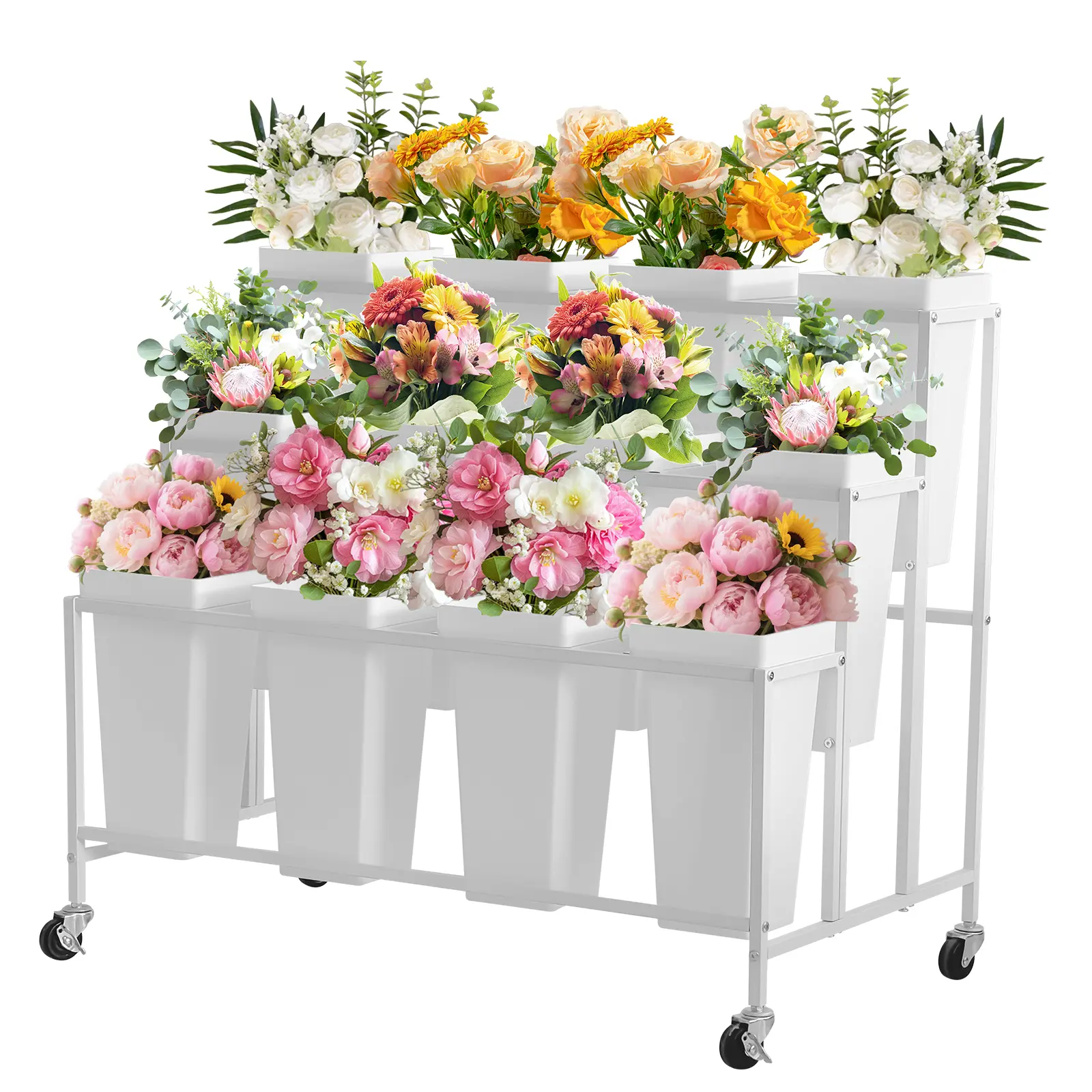 3 Tier Flower Display Stand with 12 Baskets, Rolling Flower Stand Indoor with Wheels, Outdoor Flower Cart for Weddings Flower-Shop & Home Balcony Garden