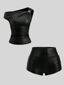 Women's PU Fabric Sleeveless Vest & Ruched Shorts Set, Fashionable Spring Summer Fall Basic, Casual Wear for Ladies