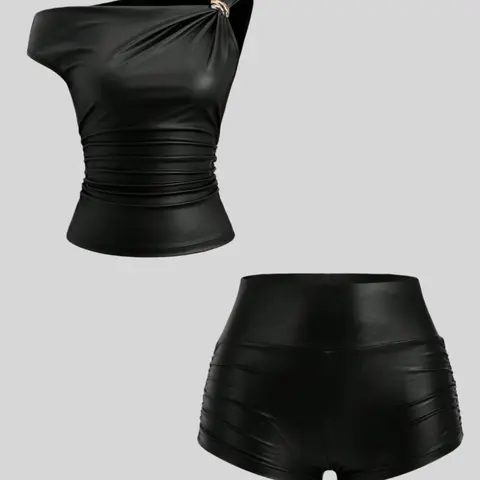 Women's PU Fabric Sleeveless Vest & Ruched Shorts Set, Two Piece Set, Fashionable Spring Summer Fall Basic, Casual Wear for Ladies