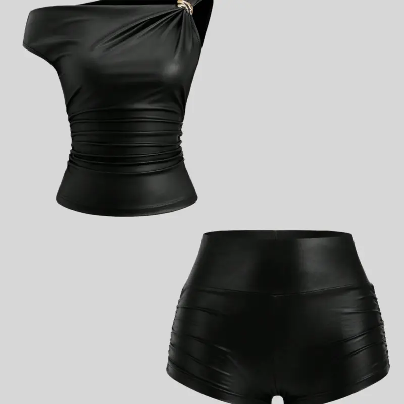 Women's PU Fabric Sleeveless Vest & Ruched Shorts Set, Two Piece Set, Fashionable Spring Summer Fall Basic, Casual Wear for Ladies