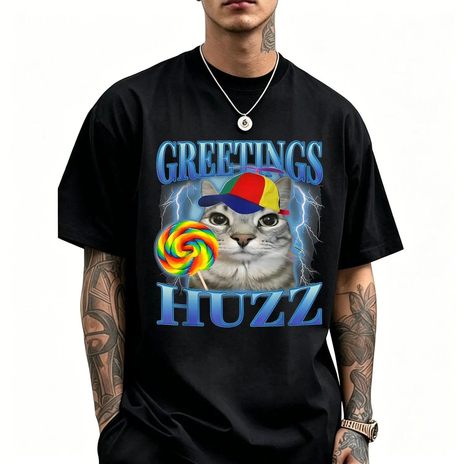 Men's Short Sleeve T Shirts Lollipop Cat Meme Greetings Huzz Funny Silly Cats Brainrot Graphic Tee Casual Fashion Top