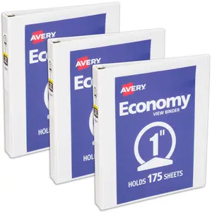 Avery Economy View 3 Ring Binder, 1 Inch Round Rings, 3 White Binders (05760)