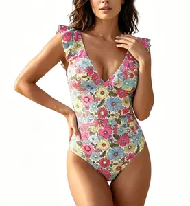 one piece swimsuitswimsuits 2026 womenplussize swimsuits swimsuitsbikinis swimsuit for women,Women's Ruffle V-Neck OnePiece Swimsuit Bright FloralPrint Bathing Suit VacationBeachwear Tummy ControlPadded Swimwear SummerPool Resort,