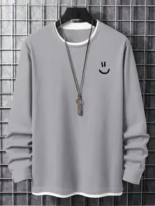 Men's 2 In 1 Cartoon Face Print Drop Shoulder Tee Without Necklace, Casual Regular Fit Long Sleeve Crew Neck Knitted Streetwear T-Shirt for All Seasons, Men's Top for Daily Wear Stretch Knitwear