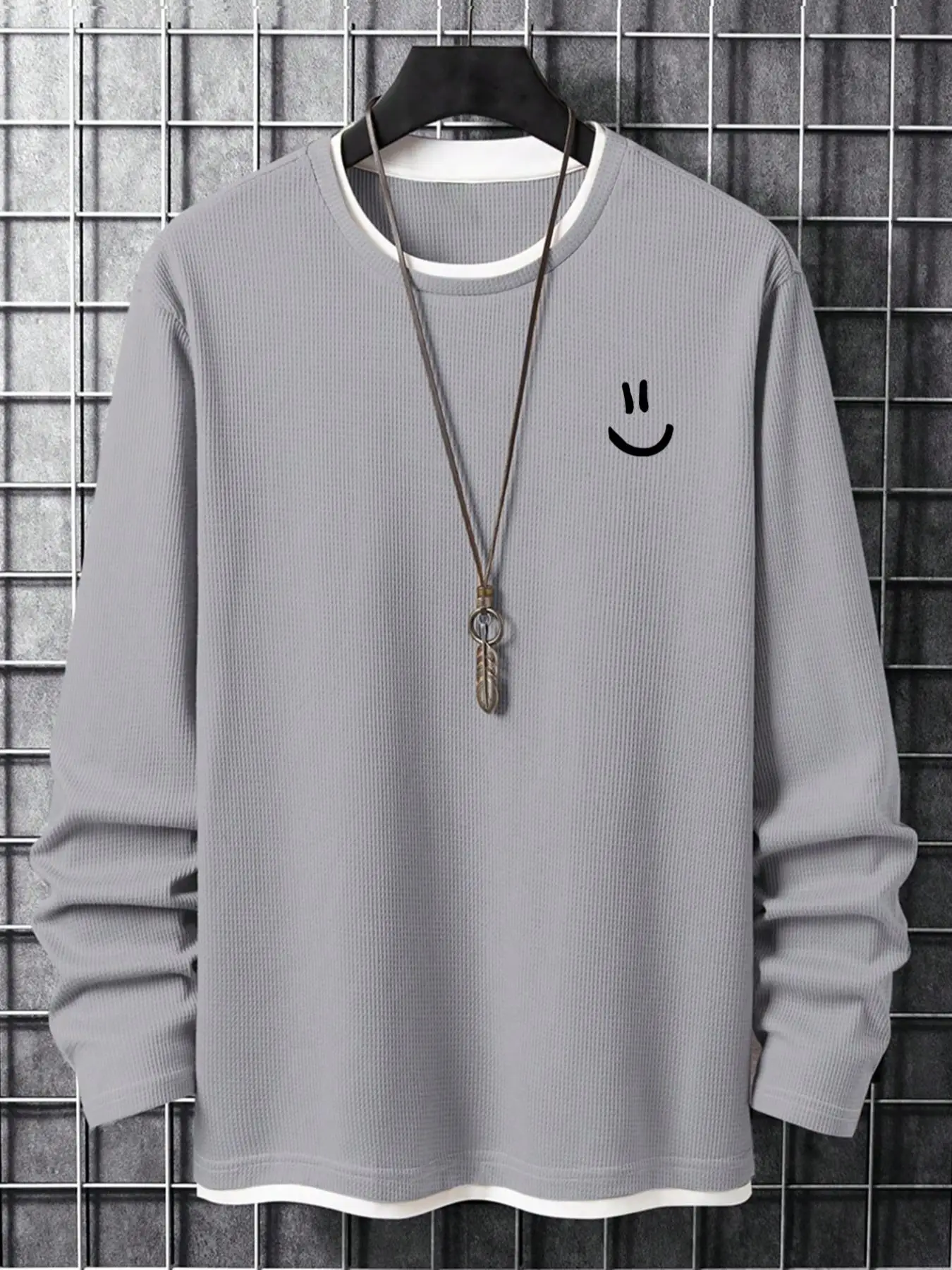 Men's 2 in 1 Cartoon Face Print Drop Shoulder Crewneck Tee without Necklace, Menswear, Casual Regular Fit Longsleeves Crewneck T-shirt for All Seasons