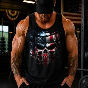Patriotic Skull Tank Top, American Flag Skull Graphic Sleeveless Shirt for Men Women Hoodie - Sweatshirt -Tank Top