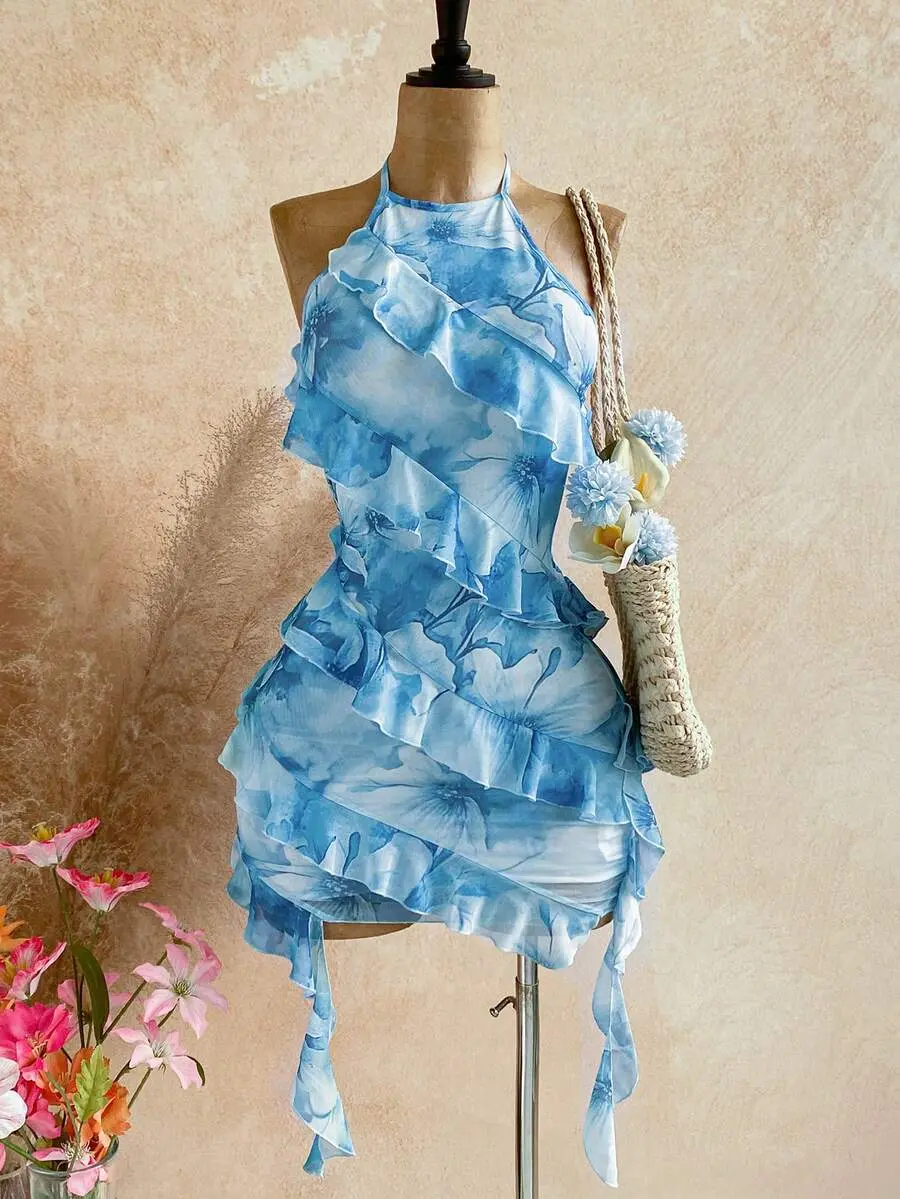 Women's Ruffled Halter Backless Sexy Mini Dress,Party Dresses For Women
