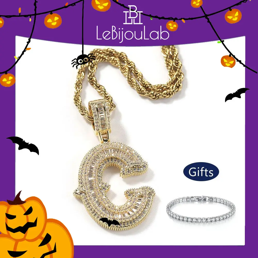 Iced-out Chunky Initial Necklace w/ 24inches Long Stainless Steel Rope Chain | Golden | Silver | Rose Gold | Dark Chrome | Letter Necklace For Men 26