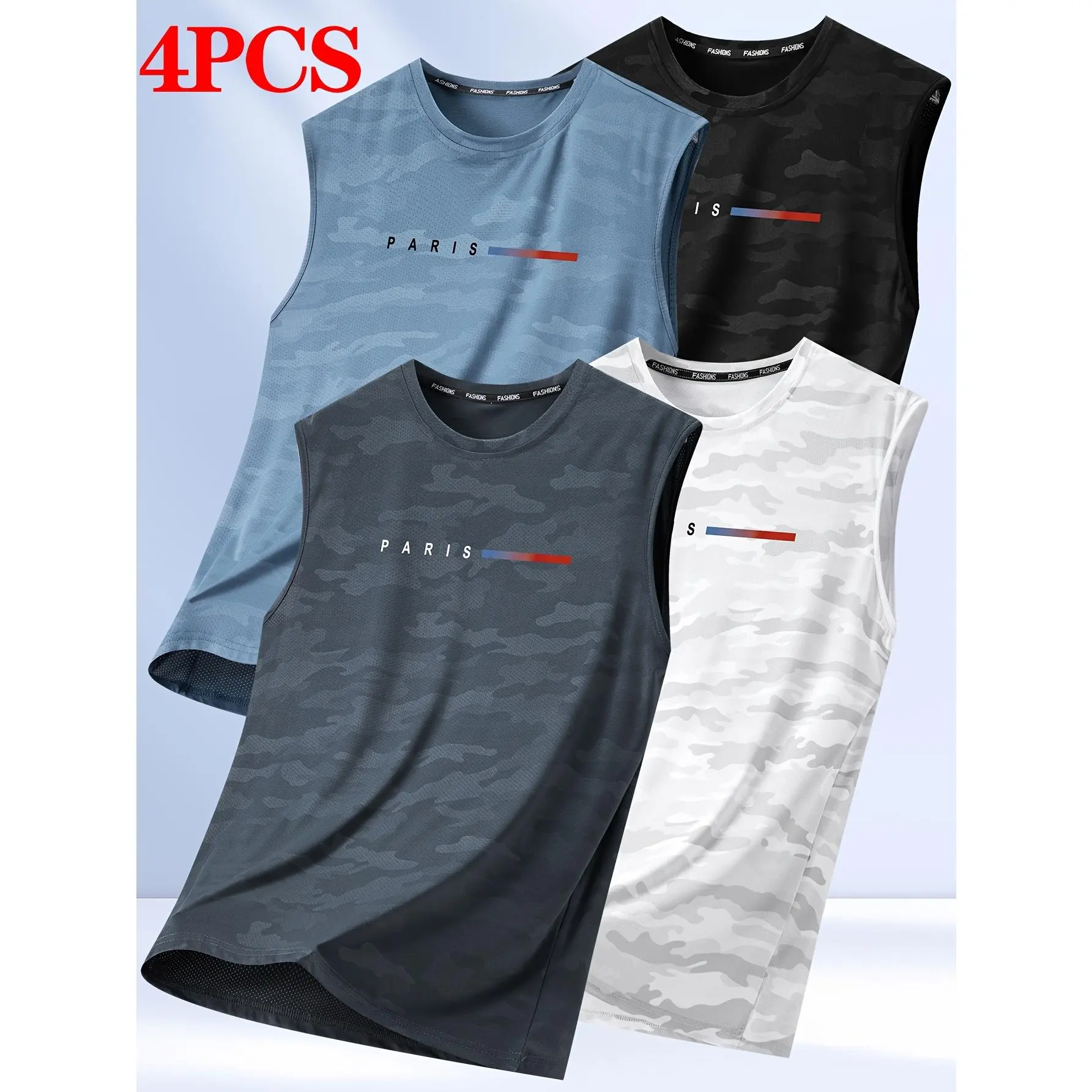 4-Pack Men's Sports Vest, Summer Breathable Fabric Stretch Vest for Men, Fashion Printed Sleeveless Sports Casual Vest, Suitable for Outdoor Sports Training Fitness Wear, Also as a Gift