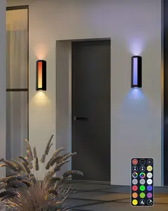 Outdoor Wall Lights RGB Color Changing, 11.8”Modern Exterior Wall Sconce Remote Control, Up and Down LED Porch Lighting Fixtures Wall Mount for House, Patio, Garage, 2 Pack