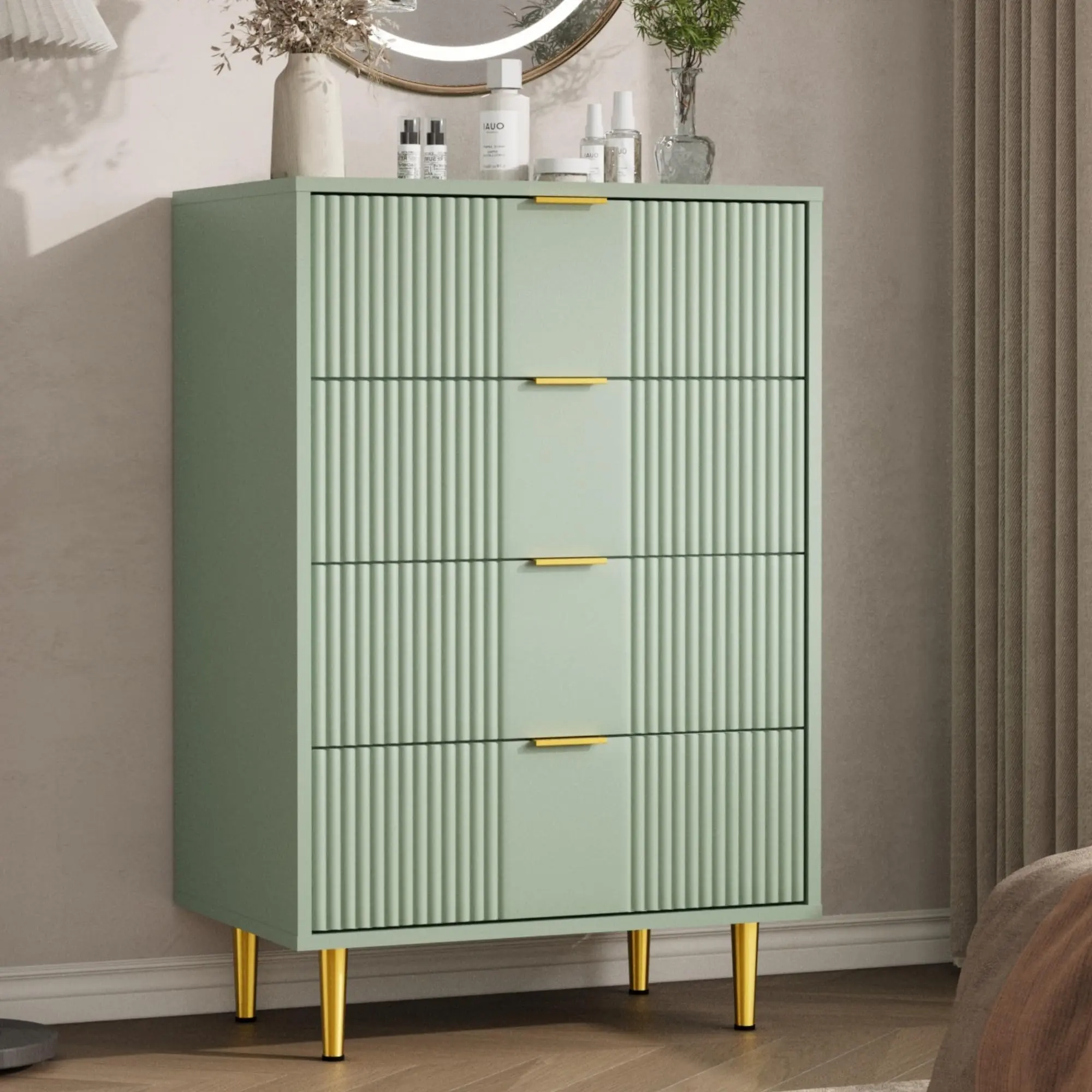4-Drawer Modern Fluted Tall Nightstand, Wooden Bedside Table with Metal Handles – Space-Saving Storage Cabinet for Bedroom, Living Room & Hallway