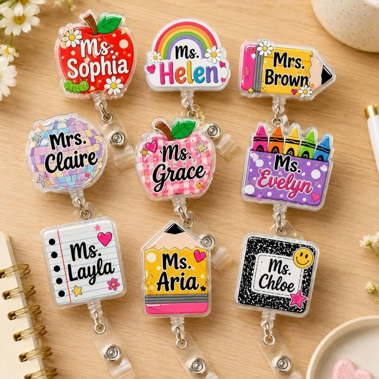 Personalized Teacher Badge Reel, Custom Pencil Badge Holder, Retractable Nurse ID Reel, Teacher Name Badge Clip, Back To School  Badge Reel