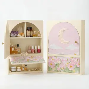FNYDOXBohemian Wall Shelf with Door, 15.75" Hanging Trinket Display Cabinet for Wall or Desktop, Yellow & Pink Wood Crystal Display Shelf for Perfume, Jewelry & Essential Oils