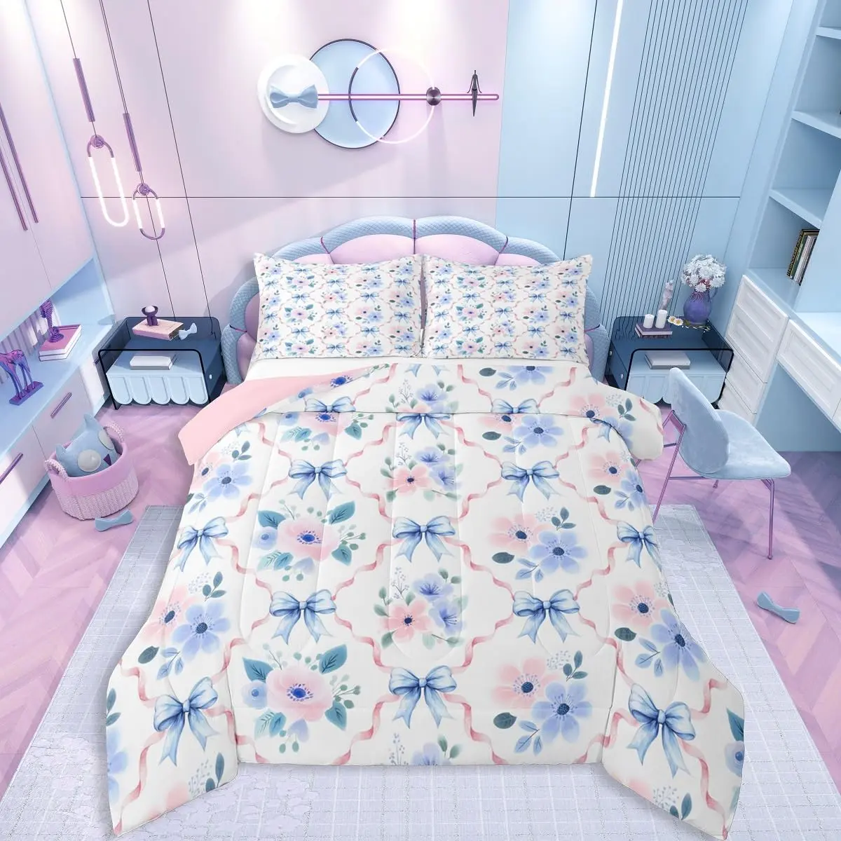 Feelyou Coquette Floral Bowknot Bed Comforter Set - Blue Bow & Pink Rose Pattern, Gentle Soft Light Weight Breathable Cozy Bedding, Low Roll Over, Travel Friendly, Multi-Size for Teen Girls, Breathable Cozy Light Weight Gentle Soft Blanket
