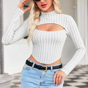 Women’s short slim-fit, form-fitting, comfortable top — casual, trendy, elegant long-sleeve pullover for summer street style, solid color