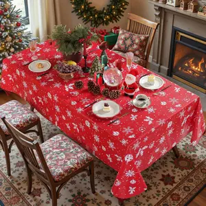 Christmas Tablecloth Vinyl, Plastic PVC Table Cloth Bell & Snowflake, Waterproof Wipeable Table Cover with Flannel Backing for Xmas, Holiday, Winter Dinning (Rectangle)