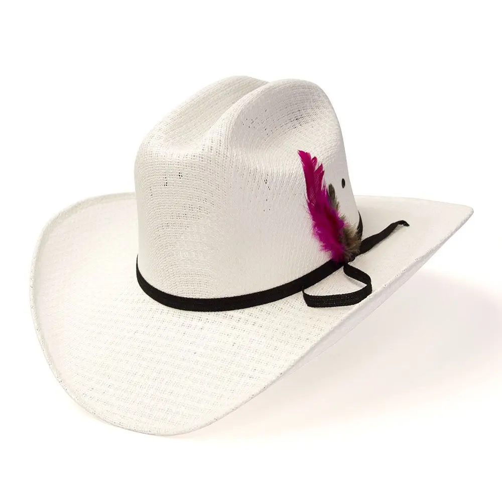 White Straw Western Cattleman Hat with Feather
