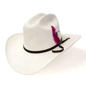 White Straw Western Cattleman Hat with Feather