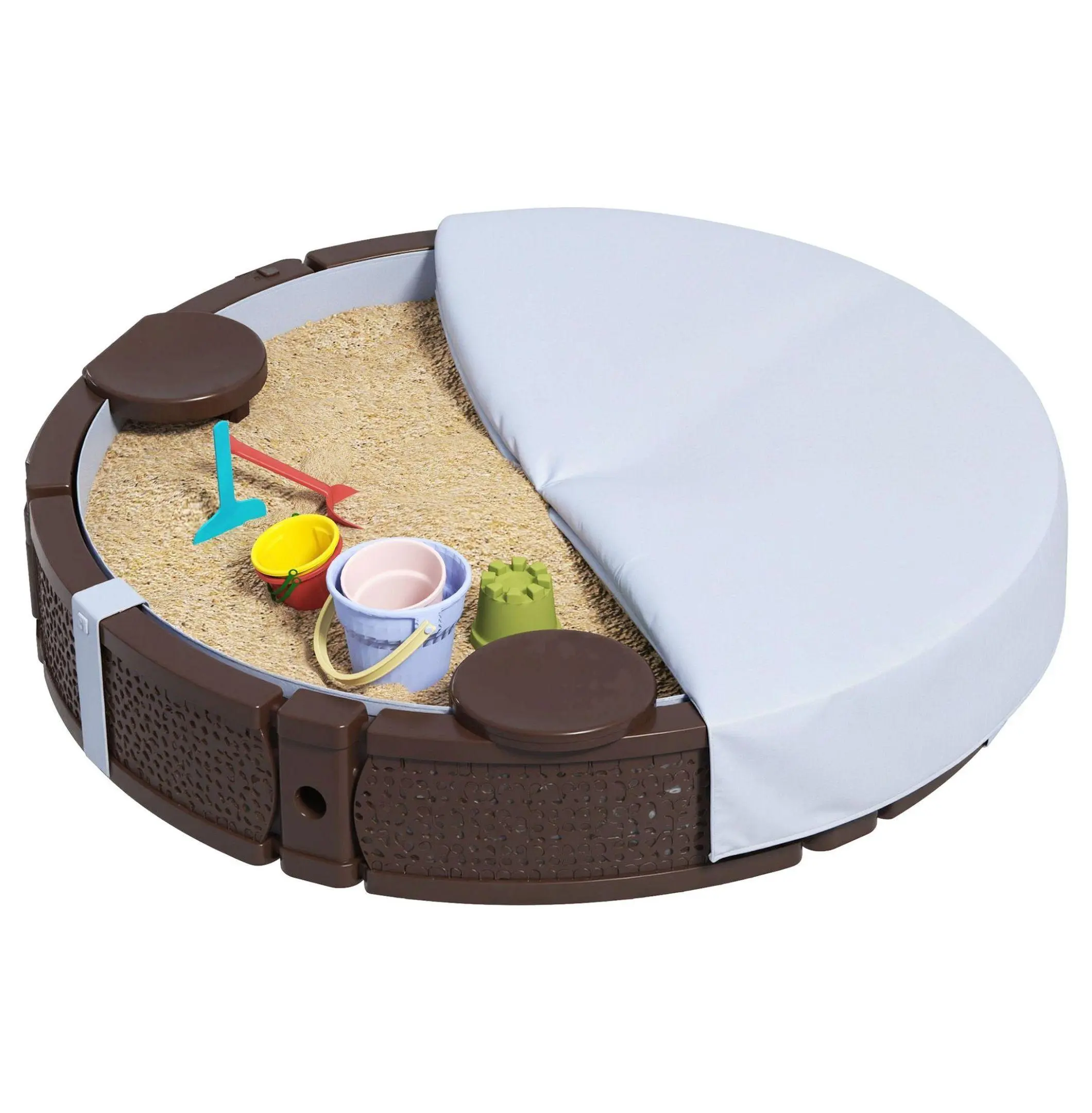47" Round Sandbox with Cover & Seats, Waterproof Liner, HDPE Plastic, Outdoor Play for Backyard, Beach, Garden, Brown