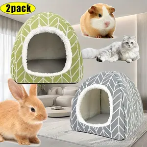 Pack Of 2 Rabbit Guinea Pig Sleeping Beds - Soft, Non-Slip Bottom Hideout with Triangular Design Paw Print Patterns - Chew-Resistant for Small Pets, Rabbit Bed, Playful Pet Accessory