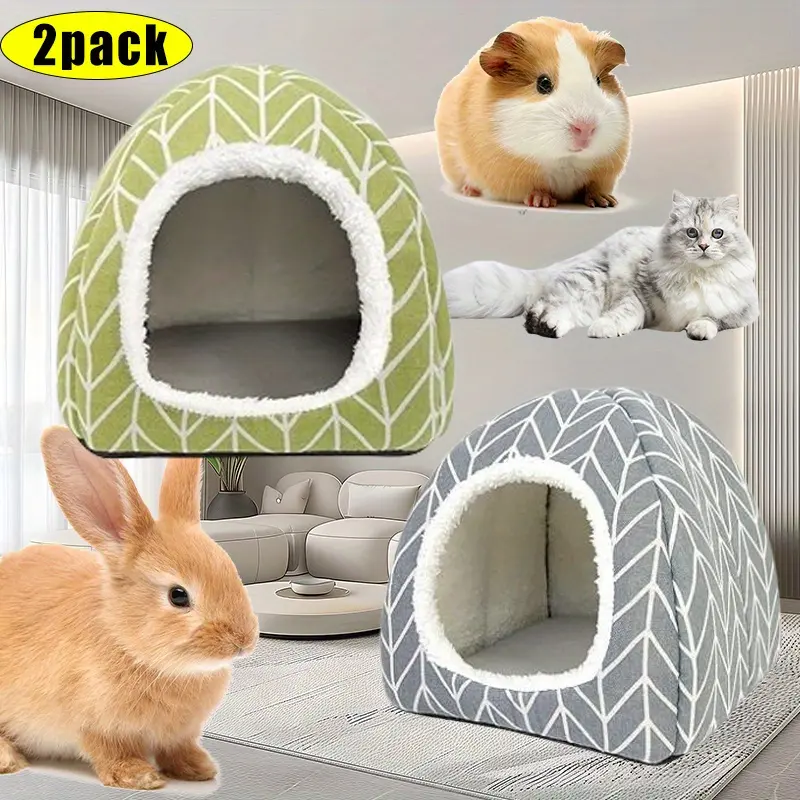 Pack Of 2 Rabbit Guinea Pig Sleeping Beds - Soft, Non-Slip Bottom Hideout with Triangular Design Paw Print Patterns - Chew-Resistant for Small Pets, Rabbit Bed, Playful Pet Accessory