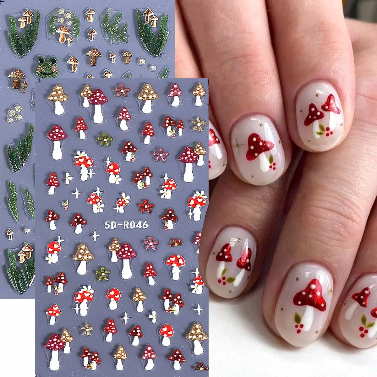 2pcs Autumn Mushroom Nail Art Stickers, 5D Relief Cute Frog Flower Designs DIY Nail Decals, Manicure Decorations Supplies