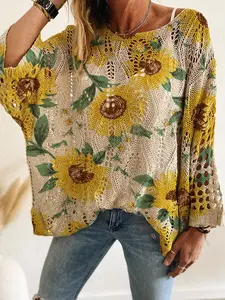 Women's Knitted Long Sleeve Sunflower Top, Cross Back Design, Casual & Elegant Style, Perfect for Spring/summer/fall/winter Seasons