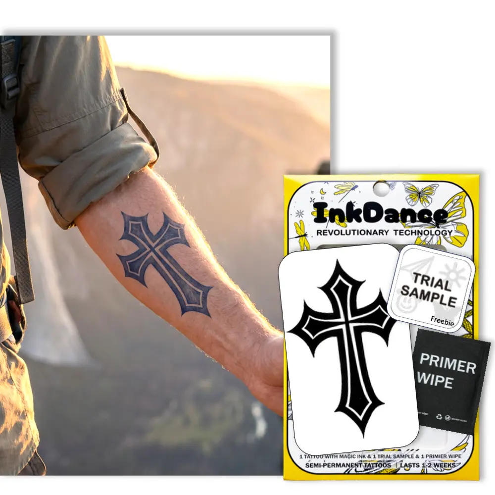 InkDance Semi-Permanent Tattoo, Gothic Guardian Cross, Long Lasting Temporary Tattoos, Waterproof Plant-Based Ink, Lasts 1-2 Weeks, Color Develops in 24 Hours D306