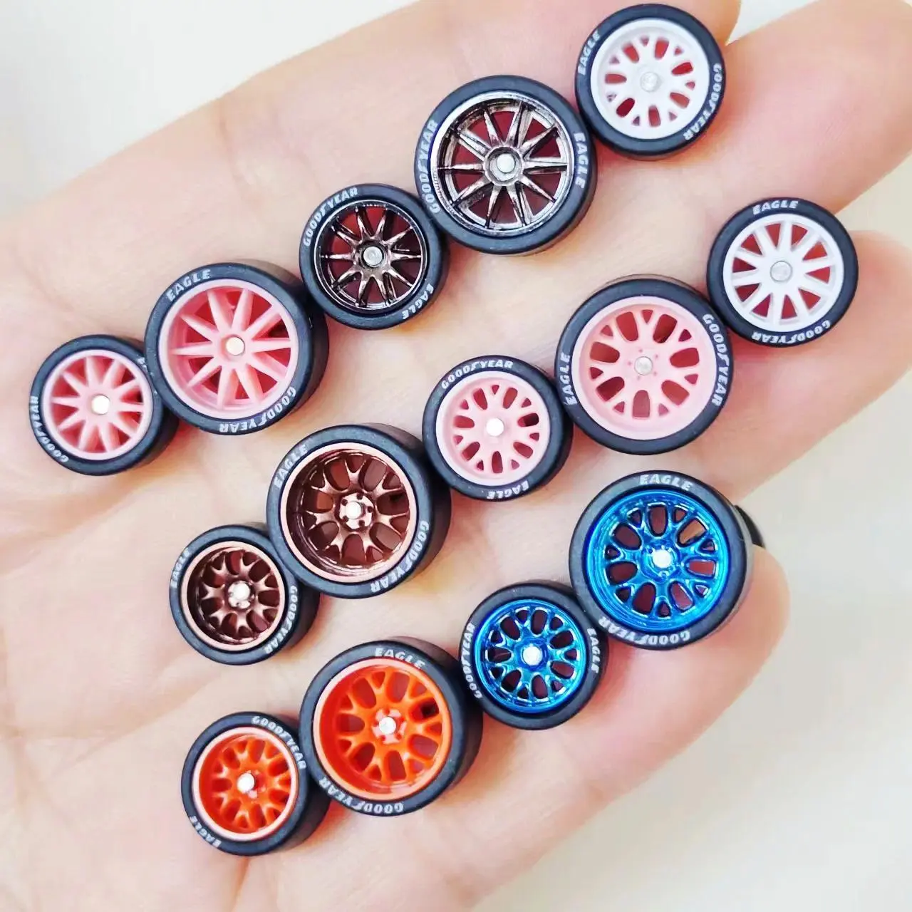 10Sets 10.7mm+12.7mm 1/64 Alloy Car Staggered Wheels LMR CE28 Rim Front Small Rear Large Tires for Hot Wheel 1:64 Model Cars