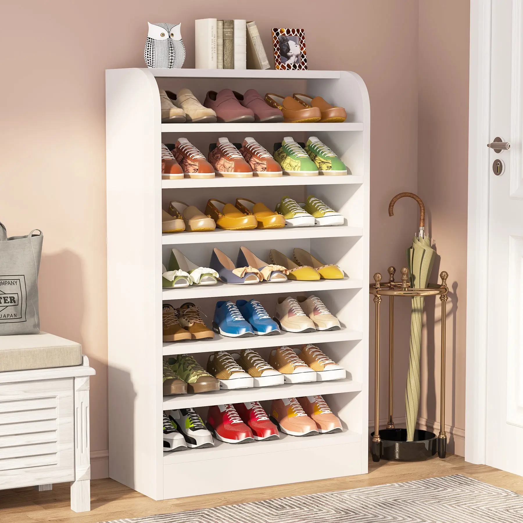 8-Tier Rectangular Wood Shoe Rack Organizer - Tall Space-Saver Storage Cabinet Stand, Decorative Dual-Purpose Configurable Multi-Plant Storage & Display for Entryway, Closet, Shoe Display, Decorative Shoe Storage