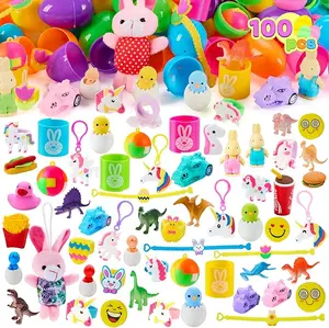 Easter Gift 100 Pcs Prefilled Easter Eggs with Toys Plus Stickers, Filled with Toys Party Favors for Kids Boys Girls Easter Eggs Hunt, Basket Stuffers Fillers, Classroom Prize Supplies