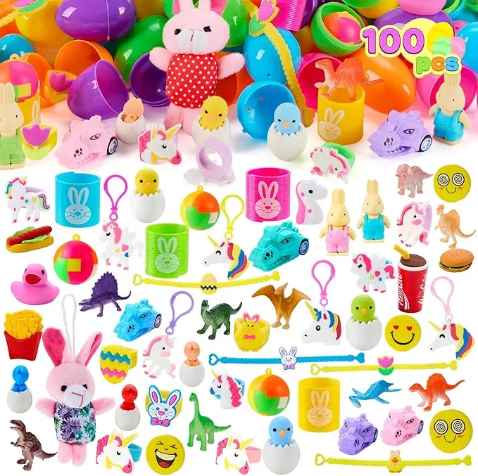 Summer Spring Gift 100 Pcs Prefilled Easter Eggs with Toys Plus Stickers, Filled with Toys Party Favors for Kids Boys Girls Easter Eggs Hunt, Basket Stuffers Fillers, Classroom Prize Supplies