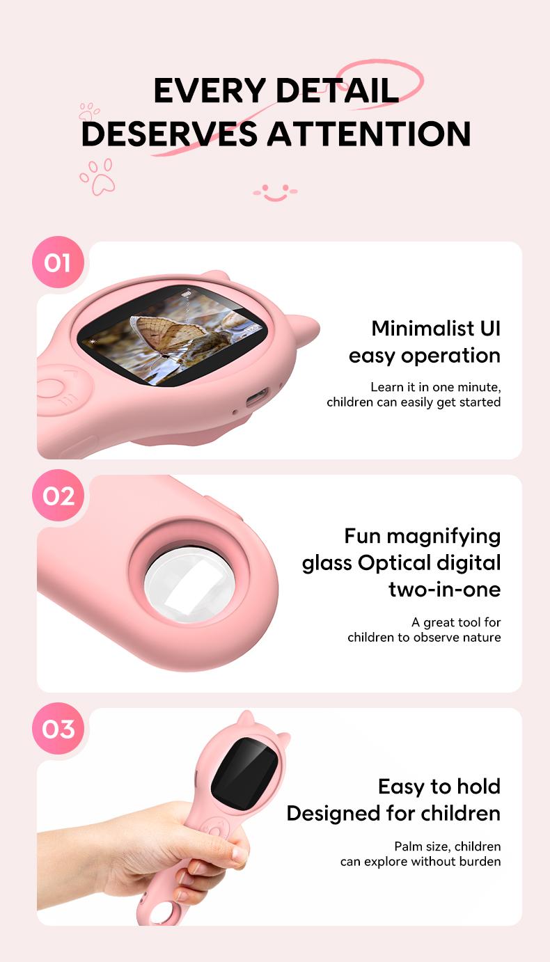 Cat Ear Kids Handheld Microscope, 500X Zoom 2MP HD IPS Screen Portable Digital Microscope with 8 LED, Educational Science Toy for Kids