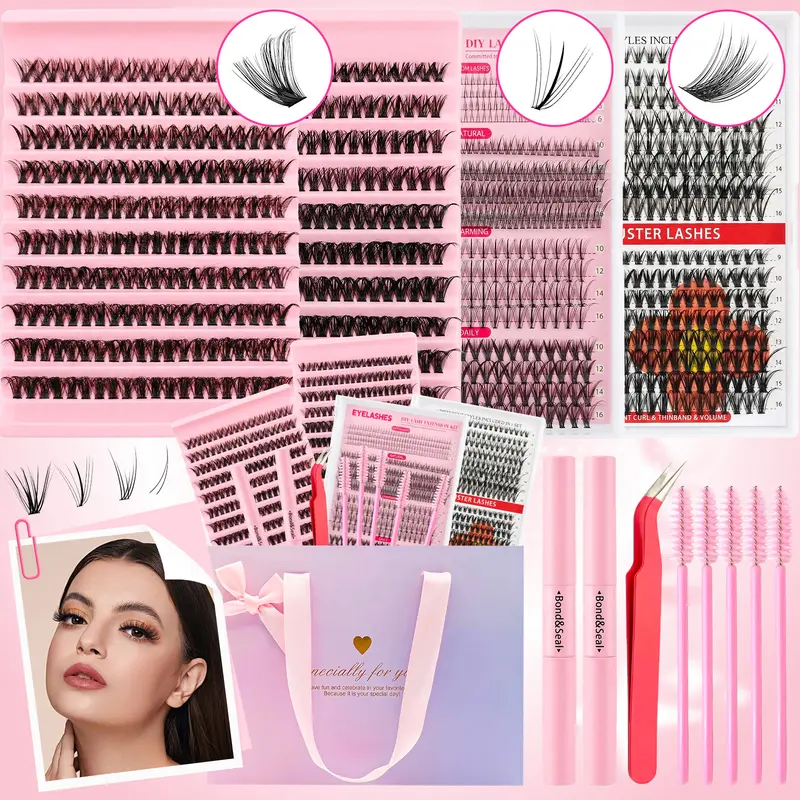 SOSIAY CICI DIY Eyelash Cluster Kit - 1204-Piece Wispy Fluffy Individual Eyelash Extensions, 4-Box Mixed Set with Bond & Seal, Tweezers for Applying Clusters, Custom Lash Mapping Cosmetic Makeup Tool