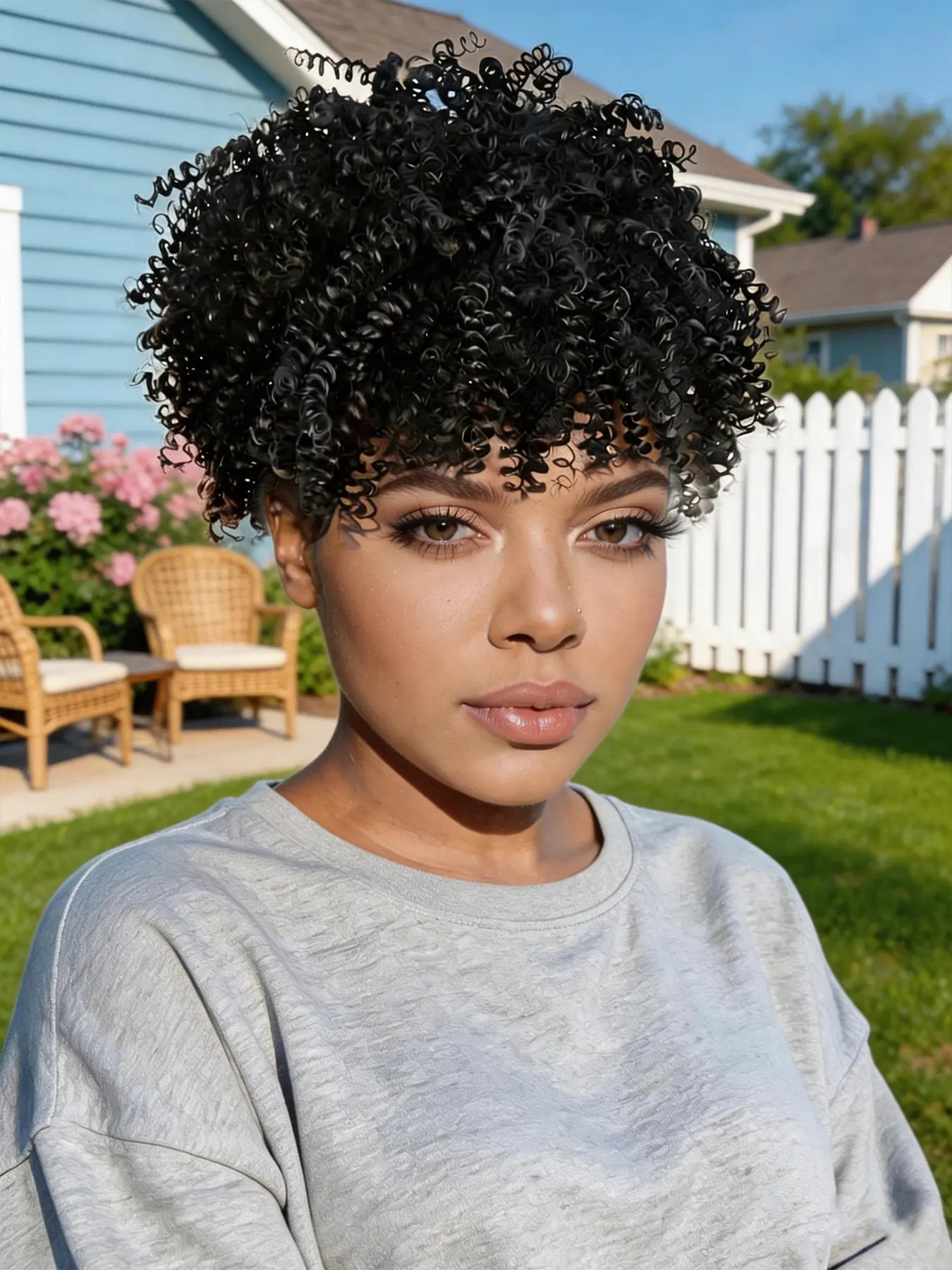 KAIRIYA 2-in-1 Afro Kinky Curly Headband Wig Afro Wigs for Black Women Synthetic Wig - Dark Brown Ombre High Puff Ponytail & Scarf Wrap with Bangs, Perfect for Holiday Parties