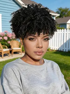 KAIRIYA 2-in-1 Afro Kinky Curly Headband Wig for Black Women - Dark Brown Ombre High Puff Ponytail & Scarf Wrap with Bangs, Perfect for Holiday Parties