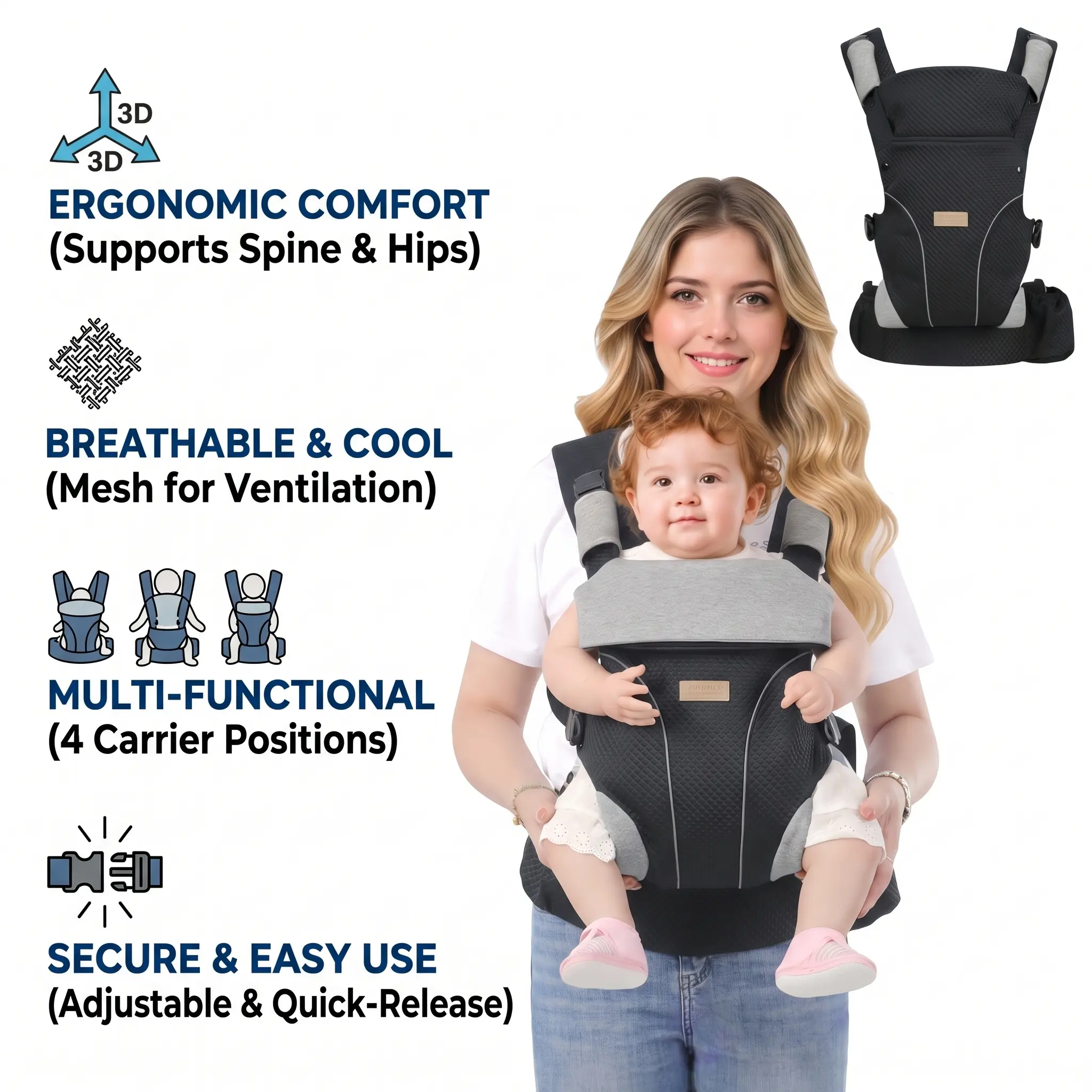 Dark Gray Linen Unisex Portable Hip Baby Carrier - Embroidery, Plain Design, 0-3 Years Hip Support, M-Shape Healthy Structure, Breathable Adjustable Straps, Lower Back Pain Relief Storage Pocket, Hands-Free for Toddler Shopping & Strolls, Button Closure